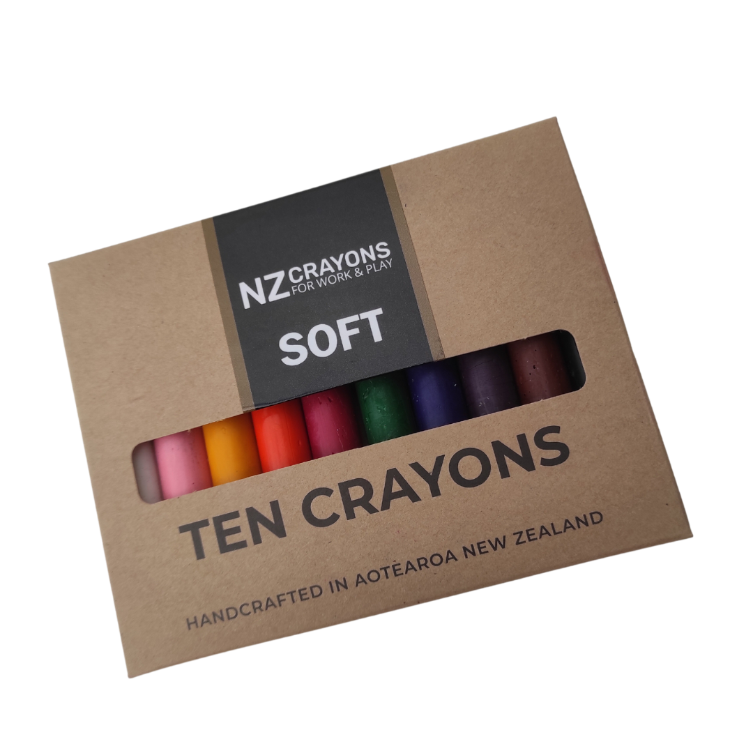 kraft box with ten classic coloured crayons and lable NZCrayons soft