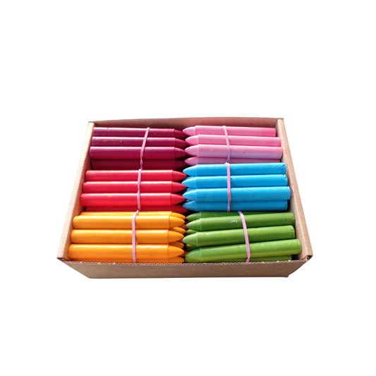Open box of crayons showing bundles of red, orange, yellow, pink, light blue and light green crayons