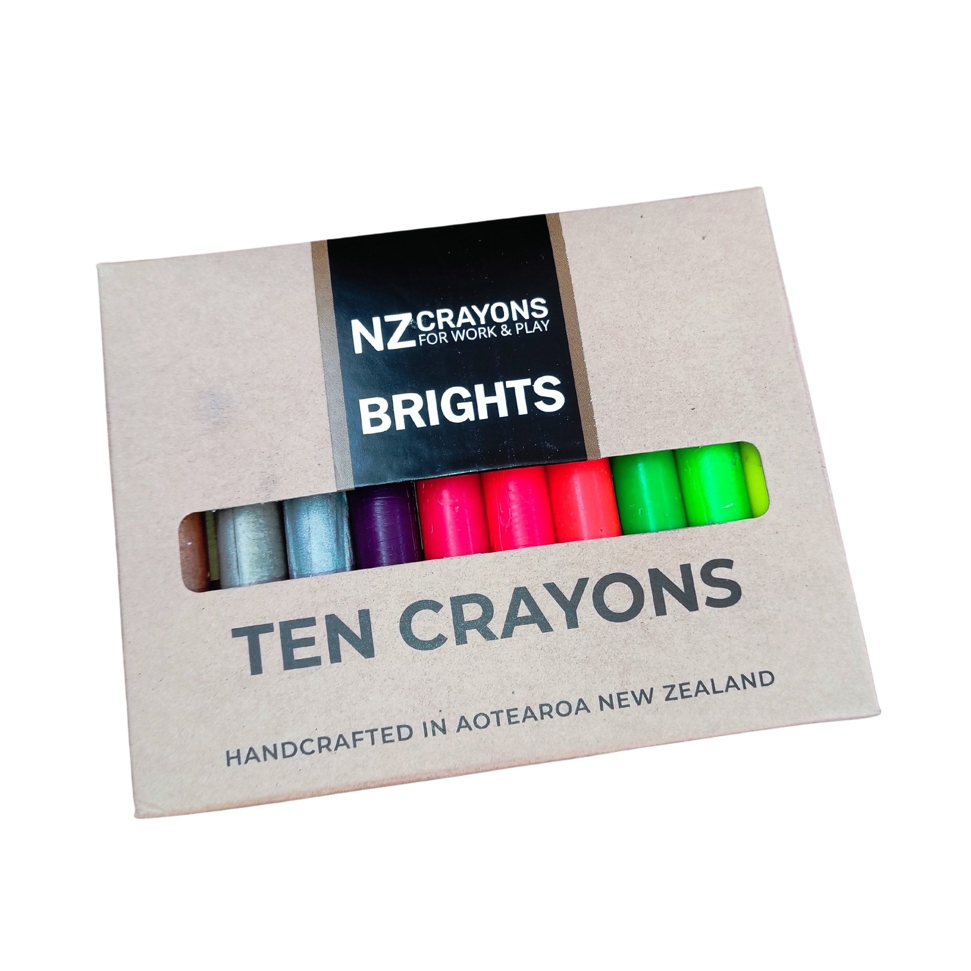 kraft box with ten classic coloured crayons and lable NZCrayons bright fluorescent and metallic colours