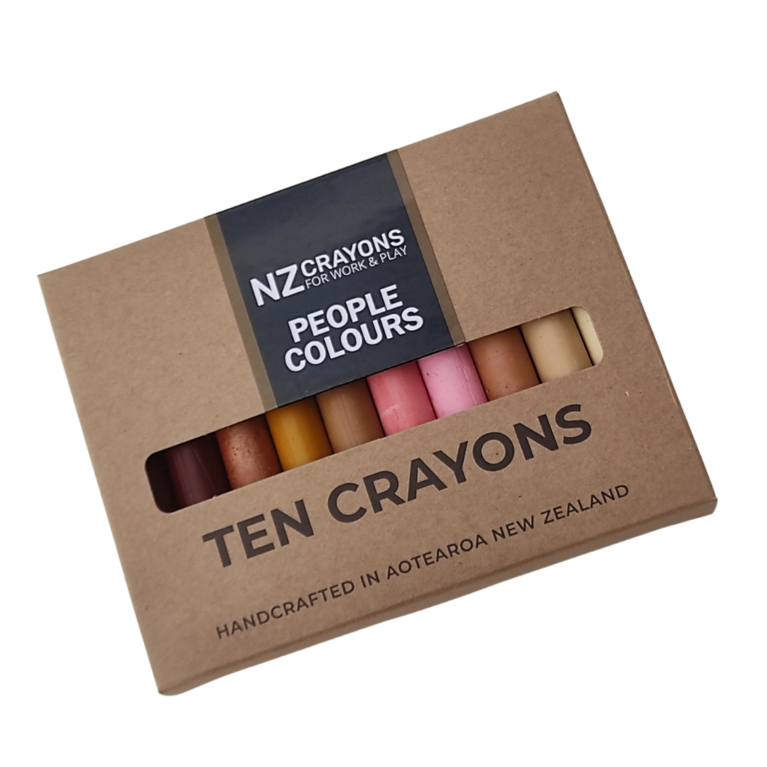 kraft box with ten classic coloured crayons and lable NZCrayons people colours
